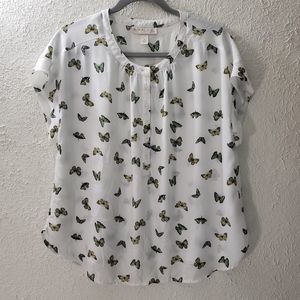 Emaline Sz L Butterfly Blouse Henley Top White Short Sleeve Loose Flowy Chiffon
